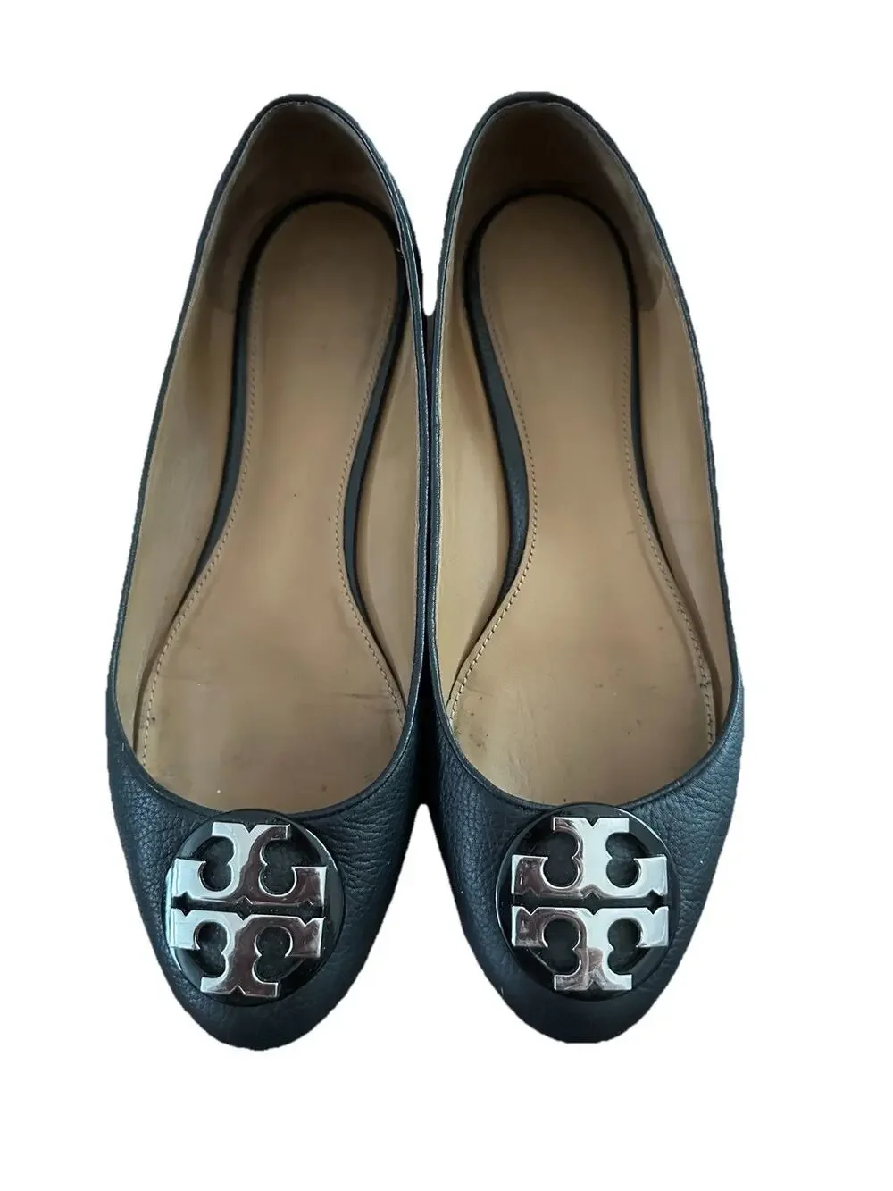 Tory Burch Shoes sz 9 Claire Black Silver Ballet Flats Tumbled Leather GUC